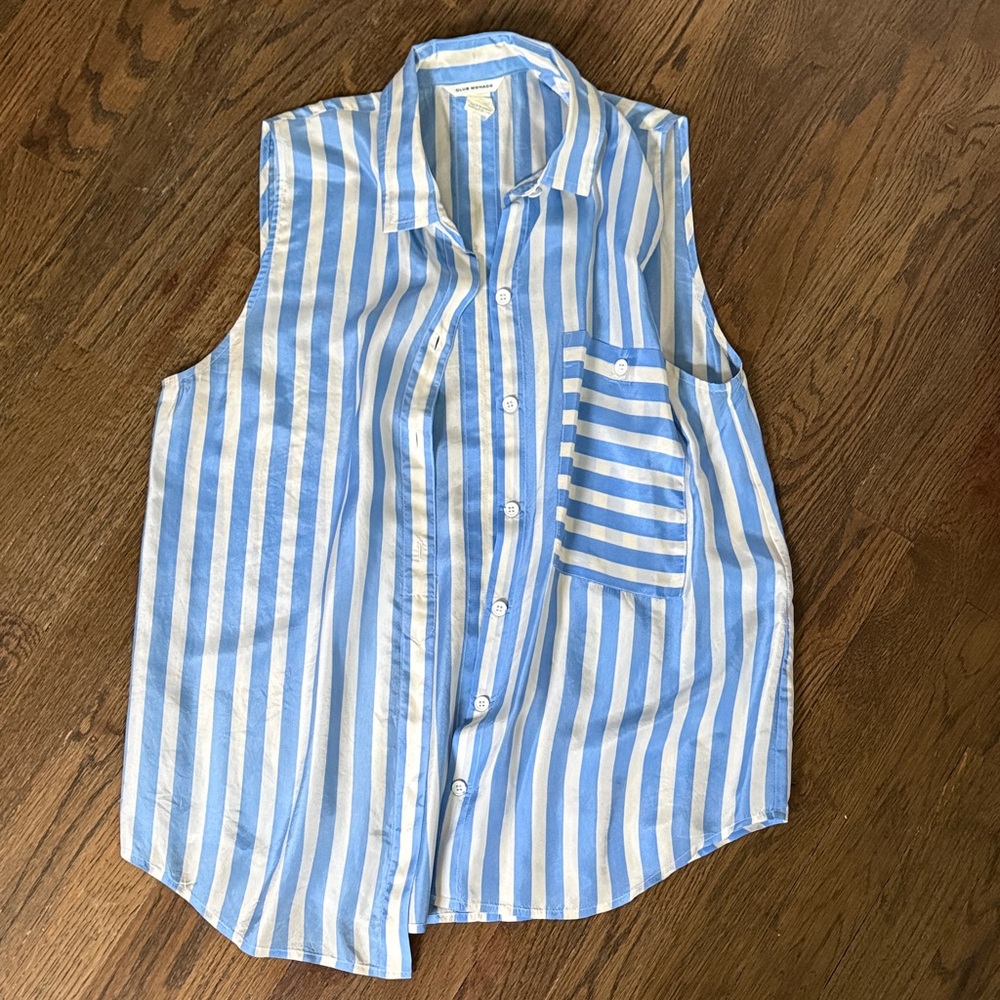 Club Monaco Blue and White Striped Sleeveless Silk Button-Up Shirt